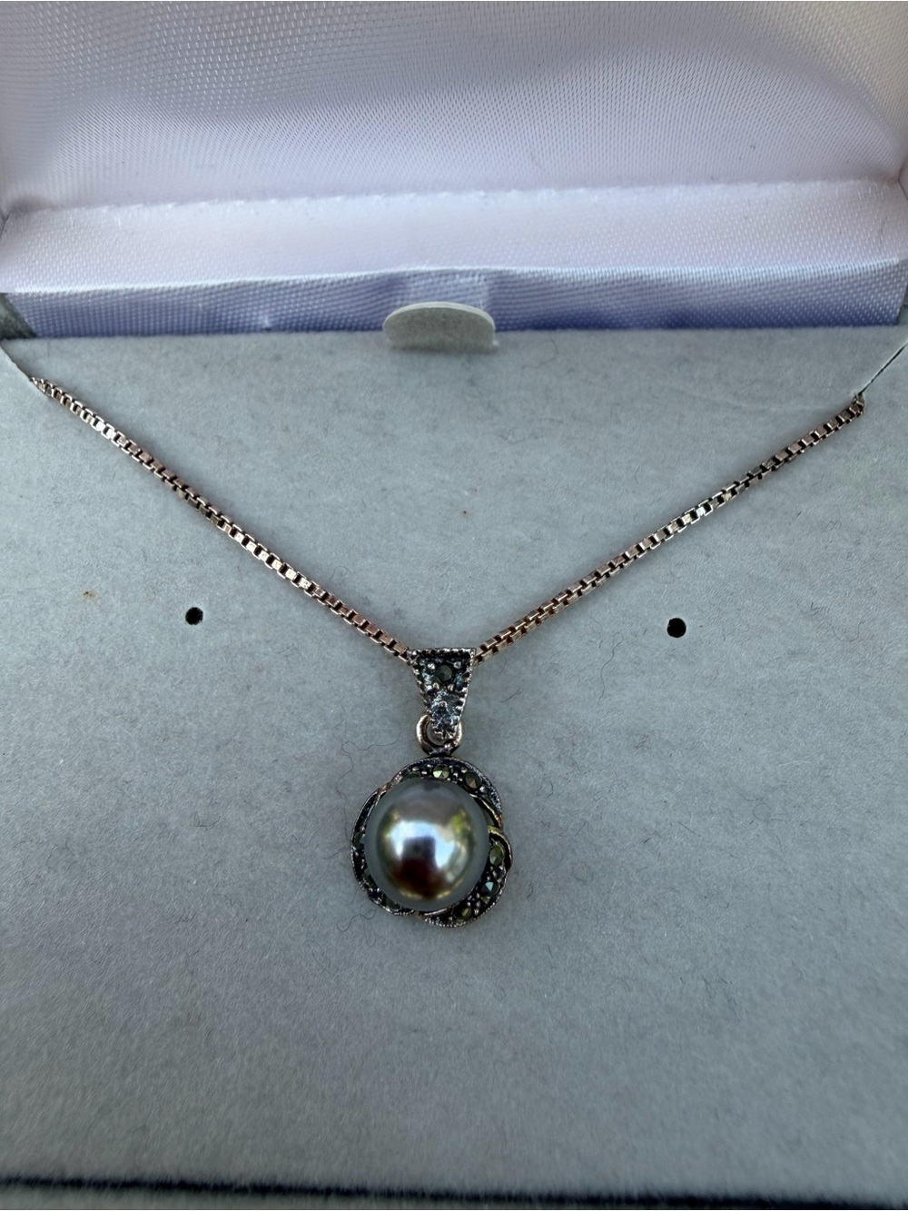 Black Pearl and Marcasite Sterling Silver Pendant.